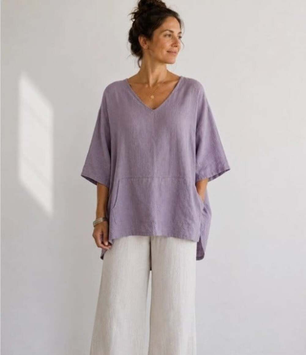 Bryn Walker 100% Linen V-Neck Tunic Top M Dusty Lavender Front Pocket Lagenlook